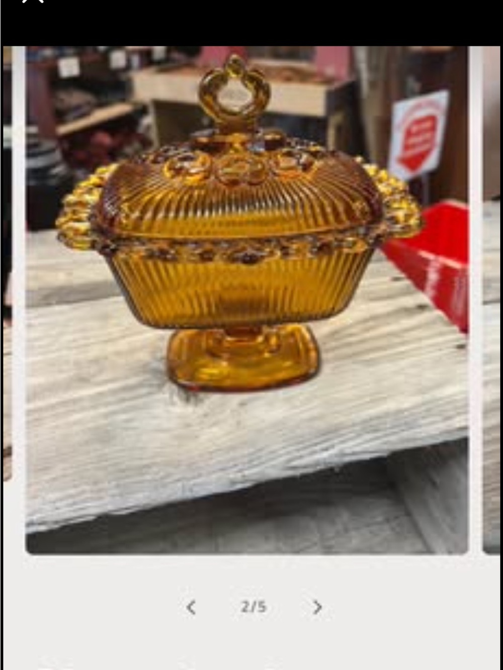 Indiana glass amber candy dish with scalloped edges and lid